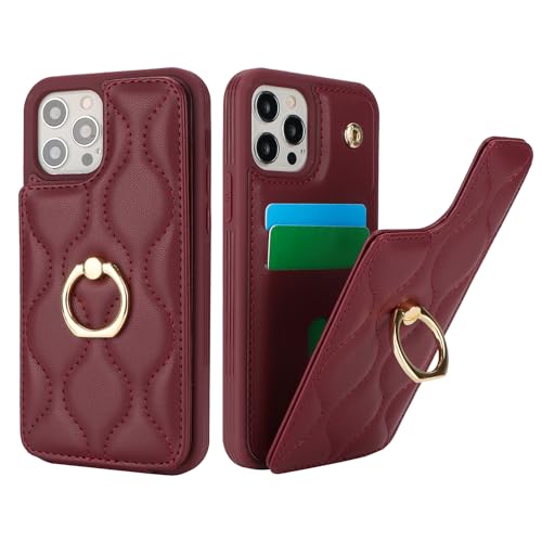 SailorTech iPhone 12/12 Pro Hülle mit Kartenhalter für Frauen, iPhone 12/12 Pro Handyhülle Ring-Ständer [Kartenfach] [Standfunktion] Niedliche und modische Tasche für iPhone 12/12 Pro-Burgunderrot von SailorTech