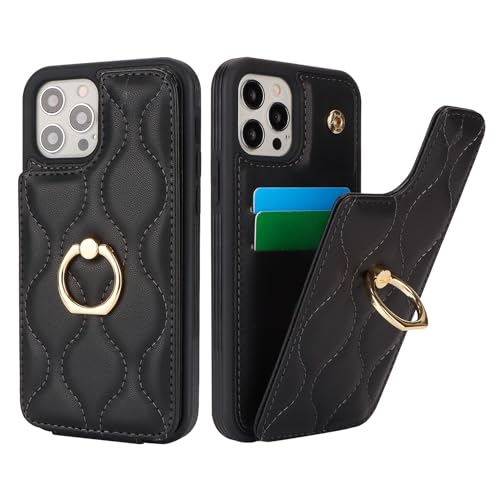 SailorTech iPhone 12/12 Pro Hülle mit Kartenhalter für Frauen, iPhone 12/12 Pro Handyhülle Ring-Ständer [Kartenfach] [Standfunktion] Niedliche und modische Tasche für iPhone 12/12 Pro-Schwarz von SailorTech