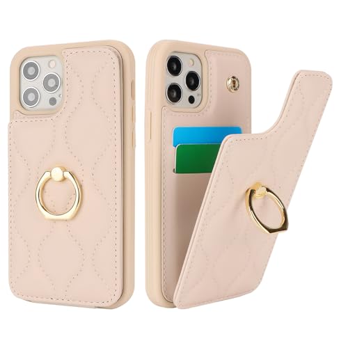 SailorTech iPhone 12/12 Pro Hülle mit Kartenhalter für Frauen, iPhone 12/12 Pro Handyhülle Ring-Ständer [Kartenfach] [Standfunktion] Niedliche und modische Tasche für iPhone 12/12 Pro-Beige von SailorTech