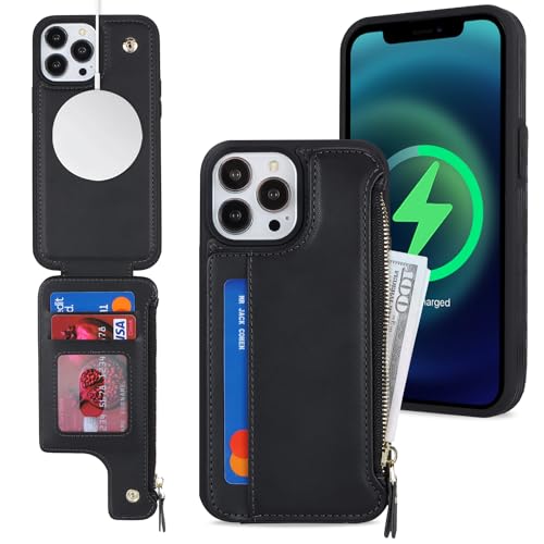 SailorTech iPhone 12 Pro Max Etui mit Kartenhalter mag Safe, iPhone 12 Pro Max Hülle mit Reißverschluss Kartenfach Geldbörse für iPhone 12 Pro Max Handyhülle Lederhülle - Schwarz von SailorTech