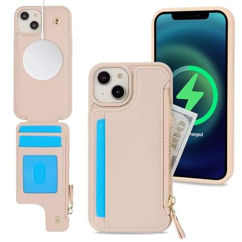 SailorTech iPhone 13 Etui mit Kartenhalter mag Safe, iPhone 13 Hülle mit Reißverschluss Kartenfach Geldbörse für iPhone 13 Handyhülle Lederhülle - Beige von SailorTech