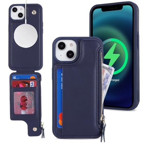 SailorTech iPhone 13 Etui mit Kartenhalter mag Safe, iPhone 13 Hülle mit Reißverschluss Kartenfach Geldbörse für iPhone 13 Handyhülle Lederhülle - Blau von SailorTech