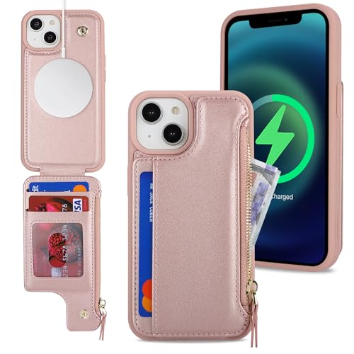 SailorTech iPhone 13 Etui mit Kartenhalter mag Safe, iPhone 13 Hülle mit Reißverschluss Kartenfach Geldbörse für iPhone 13 Handyhülle Lederhülle - Roségold von SailorTech