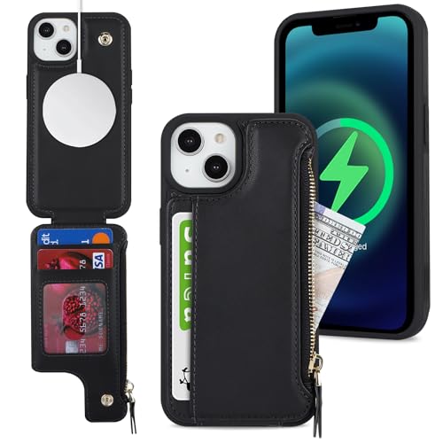 SailorTech iPhone 13 Etui mit Kartenhalter mag Safe, iPhone 13 Hülle mit Reißverschluss Kartenfach Geldbörse für iPhone 13 Handyhülle Lederhülle - Schwarz von SailorTech