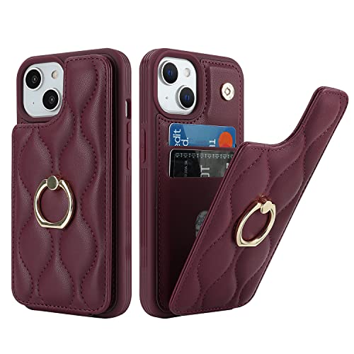 SailorTech iPhone 13 Hülle mit Kartenhalter für Frauen, iPhone 13 Handyhülle Ring-Ständer [Kartenfach] [Standfunktion] Niedliche und modische Tasche für iPhone 13-Wein Rot von SailorTech