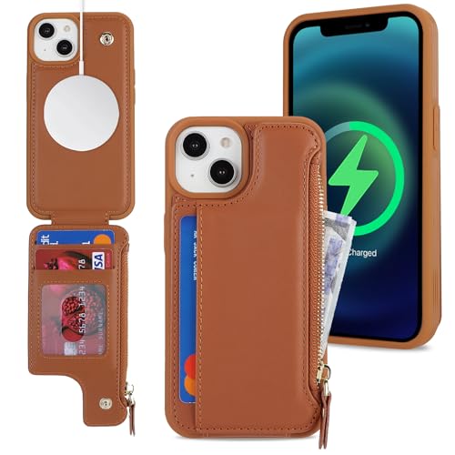 SailorTech iPhone 14 Etui mit Kartenhalter mag Safe, iPhone 14 Hülle mit Reißverschluss Kartenfach Geldbörse für iPhone 14 Handyhülle Lederhülle - Braun von SailorTech