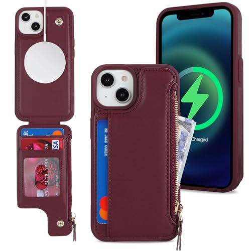 SailorTech iPhone 14 Plus Etui mit Kartenhalter mag Safe, iPhone 14 Plus Hülle mit Reißverschluss Kartenfach Geldbörse für iPhone 14 Plus Handyhülle Lederhülle - Burgunderrot von SailorTech