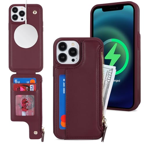 SailorTech iPhone 14 Pro Etui mit Kartenhalter mag Safe, iPhone 14 Pro Hülle mit Reißverschluss Kartenfach Geldbörse für iPhone 14 Pro Handyhülle Lederhülle - Burgunderrot von SailorTech