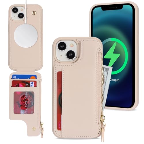 SailorTech iPhone 15 Etui mit Kartenhalter mag Safe, iPhone 15 Hülle mit Reißverschluss Kartenfach Geldbörse für iPhone 15 Handyhülle Lederhülle - Beige von SailorTech