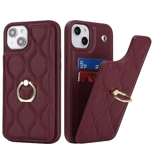 SailorTech iPhone 15 Hülle mit Kartenhalter für Frauen, iPhone 15 Handyhülle Ring-Ständer [Kartenfach] [Standfunktion] Niedliche und modische Tasche für iPhone 15-Burgunderrot von SailorTech