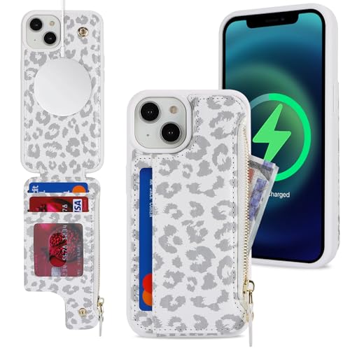 SailorTech iPhone 15 Plus Etui mit Kartenhalter mag Safe, iPhone 15 Plus Hülle mit Reißverschluss Kartenfach Geldbörse für iPhone 15 Plus Handyhülle Lederhülle - Weißer Leopard von SailorTech