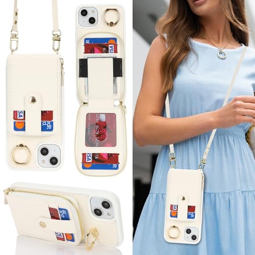 SailorTech iPhone 15 Plus Hülle Ring-Ständer mit Kartenfach, iPhone 15 Plus Handyhülle mit Verstellbarer Halskette, iPhone 15 Plus Handytasche mit Reißverschluss Geldbörse-Weiß von SailorTech