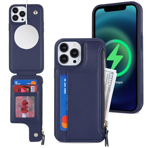 SailorTech iPhone 15 Pro Etui mit Kartenhalter mag Safe, iPhone 15 Pro Hülle mit Reißverschluss Kartenfach Geldbörse für iPhone 15 Pro Handyhülle Lederhülle - Blau von SailorTech