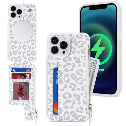 SailorTech iPhone 15 Pro Etui mit Kartenhalter mag Safe, iPhone 15 Pro Hülle mit Reißverschluss Kartenfach Geldbörse für iPhone 15 Pro Handyhülle Lederhülle - Weißer Leopard von SailorTech