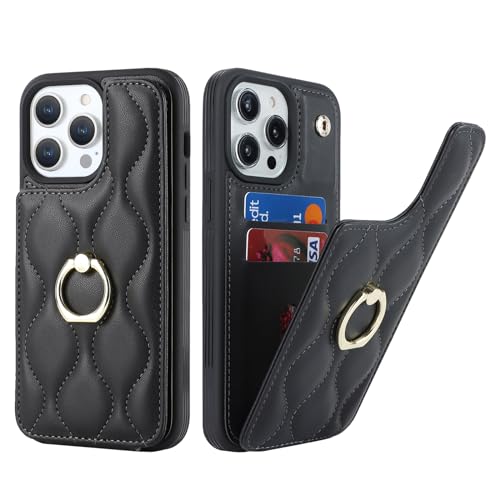 SailorTech iPhone 15 Pro Max Hülle mit Kartenhalter für Frauen, iPhone 15 Pro Max Handyhülle Ring-Ständer [Kartenfach] [Standfunktion] Niedliche und modische Tasche für iPhone 15 Pro Max-Schwarz von SailorTech