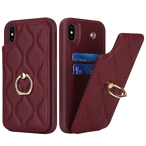 SailorTech iPhone X/XS Hülle mit Kartenhalter für Frauen, iPhone X/XS Handyhülle Ring-Ständer [Kartenfach] [Standfunktion] Niedliche und modische Tasche für iPhone X/XS-Burgunderrot von SailorTech