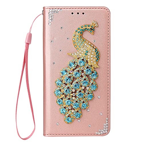 Galaxy A72 Hülle Glitzer, Samsung Galaxy A72 Hülle 3D Golden Pfau Bling Diamanten Flip Leder Brieftasche Magnetisch Schutzhülle Handyhülle Ständer View Stoßfest Cover für Samsung A72 5G / 4G, Rotgold von Sailwy