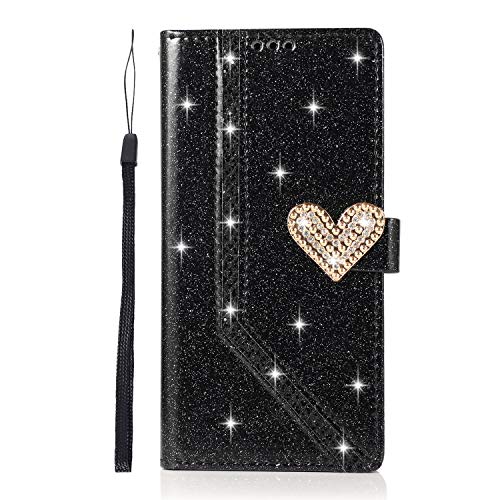 Samsung Galaxy S22 5G Hülle Glitzer Herz Diamanten Brieftasche Handyhülle Bling Leder Flip Folio mit Standfunktion View Kartenfächer Stoßfest Schutzhülle für Samsung S22 5G für Mädchen Frauen, Schwarz von Sailwy