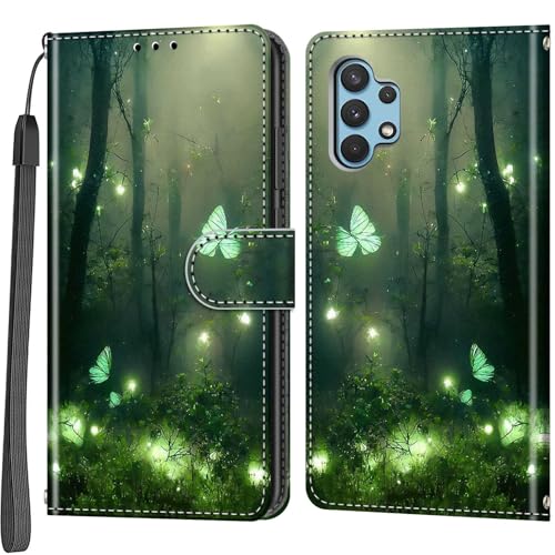 Handyhülle für Samsung Galaxy A32 4G / A32 Lite Hülle, Magnetische Flip Stoßfeste Schutzhülle mit Standfunktion Kartenfächern Klapphülle Handytasche Waldschmetterling von Salanheo
