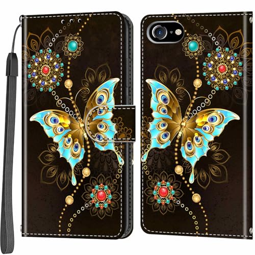 Salanheo Handyhülle für iPhone 7 / iPhone 8 / SE2 (2020) / SE3 (2022) Hülle, Magnetische Flip Stoßfeste Schutzhülle mit Standfunktion Kartenfächern Klapphülle Handytasche grüner Schmetterling von Salanheo