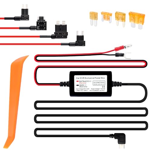 2,6 m USB C Dashcam Hardwire Kit – 12 V-30 V auf 5 V 2,5 A Auto-Armaturenbrett-Kamera-Ladegerät, Netzteil + 4 Stück 16 AMG Auto-Sicherungshahn und 4 Stück 5 A Flachsicherung für von Salior