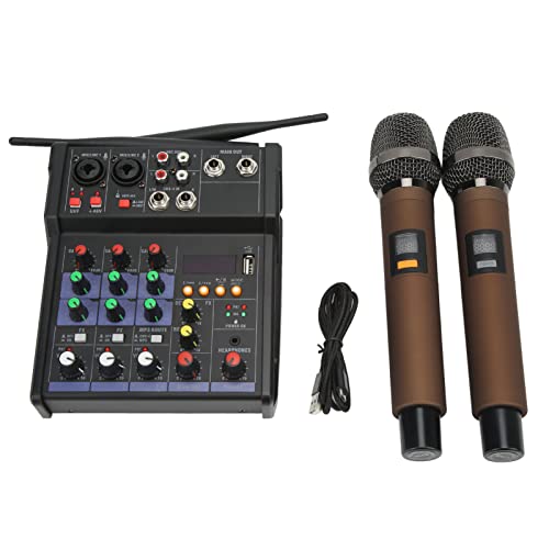 -Stereo -Mixer mit 2 Drahtlosen Mikrofonen 4 Kanal Kleiner Metallfamilienprozessor für Live Streaming, Karaoke und Konferenzen -Stereo -Mixer mit 2 Drahtlosen Mikrofonen 4 Kanal Kleiner Metallfamilienprozessor für Live Streaming, Karaoke und Konferenzen von Saluaqui