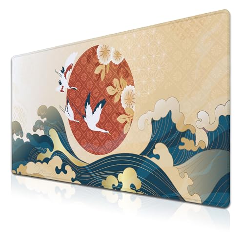 Samgula Gaming-Mauspad, japanische große Welle, blaue Schreibtischunterlage, große Mauspads, Büro-Schreibtischunterlage, rutschfeste Gummiunterseite, wasserdicht mit genähten Kanten, 35,4 x 40,9 cm, von Samgula