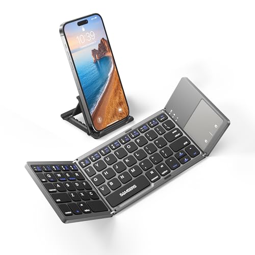 Faltbare Bluetooth-Tastatur mit Touchpad – Samsers, tragbare kabellose Tastatur mit Ständerhalterung, wiederaufladbar, volle Größe, ultradünne Tasche, Tablet und Laptop, Grau von Samsers
