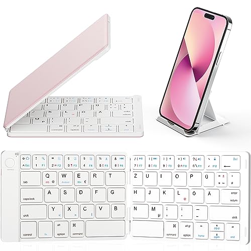 Samsers Faltbare Bluetooth Tastatur - Tragbare Drahtlose Tastatur mit Standhalter, Ultradünne Taschengröße, Kompatibel mit Smartphone, Tablet, Laptop, iOS, Android, Windows - Süßer Rosa von Samsers