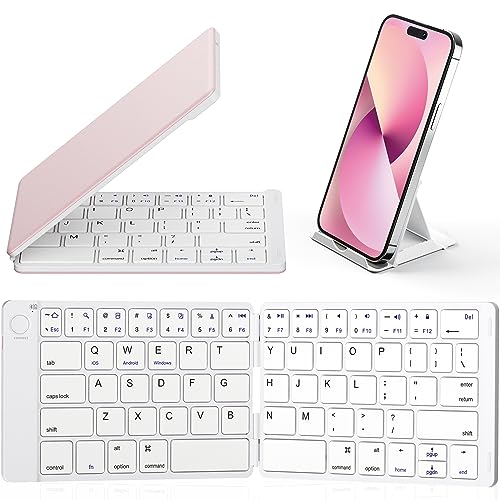 Samsers Faltbare Bluetooth-Tastatur – Tragbare kabellose Tastatur mit Ständerhalterung, wiederaufladbare volle Größe, faltbare Tastatur für iOS Android Windows Smartphone Tablet und Laptop, Weiß-Rosa von Samsers