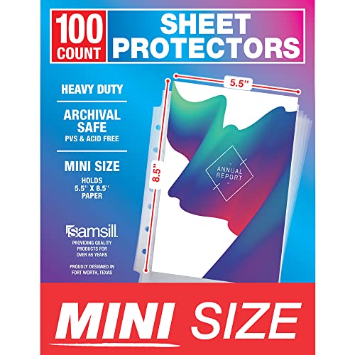 Samsill 100 Mini Clear Heavyweight Sheet Protectors, Top Loading 7 Hole 5.5 x 8.5 Inch Page Protectors for Mini Ring Binders, Archival Safe, Bulk 100 Pack von Samsill