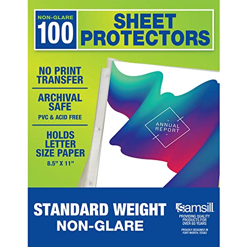 Samsill 100 Non-Glare Standard Weight Sheet Protectors, Reinforced 3 Hole Design Plastic Page Protectors, Archival Safe, Top Load for 8.5 x 11 Inch Sheets, Box of 100 von Samsill