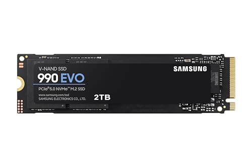 Samsung 990 EVO NVMe M.2 SSD 2 TB, PCIe 4.0 x4 / PCIe 5.0 x2, NVMe 2.0 (2280), 5.000 MB/s Lesen, 3.200 MB/s Schreiben, Interne SSD für Gaming und Grafikbearbeitung, MZ-V9E2T0BW von Samsung