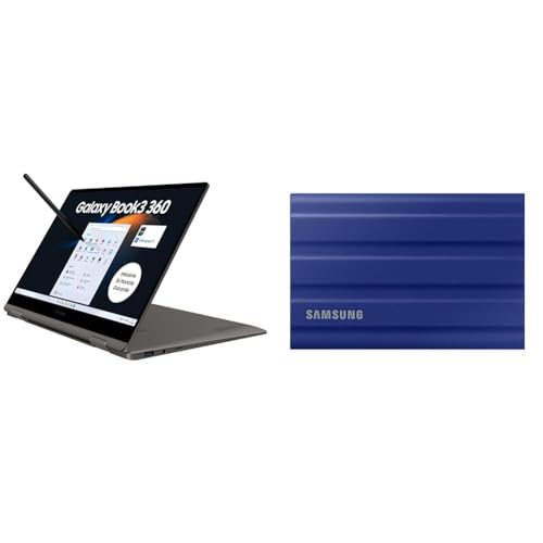 Samsung Galaxy Book3 360 Laptop & Portable SSD T7 Shield, 1 TB, USB 3.2 Gen.2, 1.050 MB/s Lesen, 1.000 MB/s Schreiben, Robuste externe Festplatte Outdoor für Mac, PC und Smartphone, Blau, MU-PE1T0R/EU von Samsung