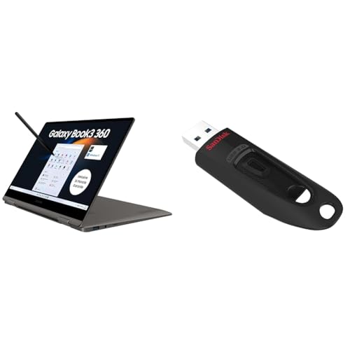 Samsung Galaxy Book3 360 Laptop & SanDisk Ultra USB 3.0 Flash-Laufwerk 256 GB (SecureAccess Software, Passwortschutz, Übertragungsgeschwindigkeit von bis zu 130 MB/s) Schwarz von Samsung