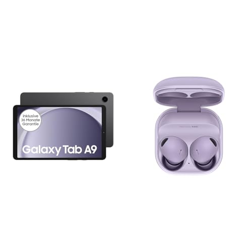 Samsung Galaxy Tab A9 LTE Android-Tablet, 64 GB Speicherplatz, Großes Display, Satter Sound, Simlockfrei ohne Vertrag, Graphite, Inkl. 3 Jahre Herstellergarantie +Buds 2 Pro Purple with Clear Case von Samsung
