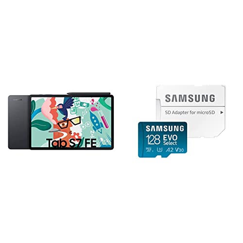 Samsung Galaxy Tab S7 FE, 12,4 Zoll, 64 GB interner Speicher, 4 GB RAM, Wi-Fi, Mystic Black & EVO Select 128GB microSDXC UHS-I U3 130MB/s Full HD & 4K UHD Speicherkarte inkl. SD-Adapter Blau von Samsung
