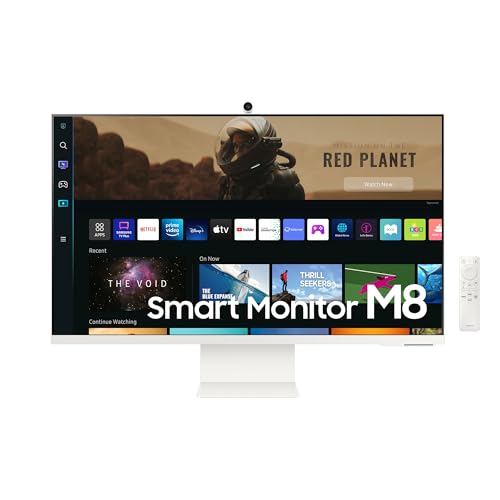 Samsung M8 Smart Monitor S32BM801UU, 32 Zoll, VA-Panel, Bildschirm mit Lautsprechern, 4K UHD-Auflösung, Bildwiederholrate 60 Hz, 3-seitig fast rahmenloses Design, inkl. Fernbedienung und Webcam, Weiß von Samsung