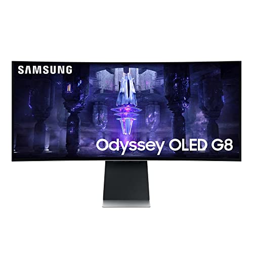 Samsung Odyssey OLED G8 Gaming Monitor S34BG850SU, 34 Zoll, AI Upscaling, OLED-Panel, UWQHD-Auflösung, FreeSync Premium, 0,03 ms (G/G) Reaktionszeit, Bildwiederholrate 175 Hz, Silber von Samsung