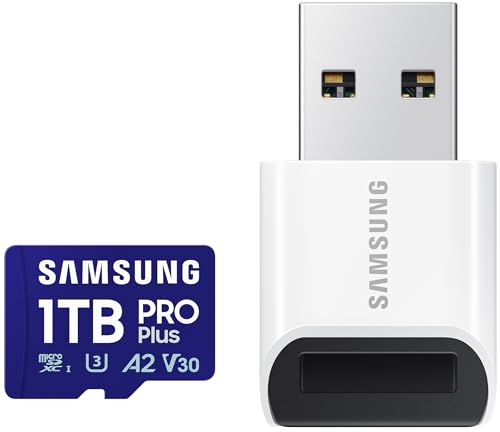 Samsung PRO Plus (2024) microSD-Karte + USB-Kartenleser, 1 TB, UHS-I U3, Full HD & 4K UHD, 180 MB/s Lesen, 130 MB/s Schreiben, Speicherkarte für Smartphone, Action-Cam, Handheld-Konsole, MB-MD1T0SB/WW von Samsung