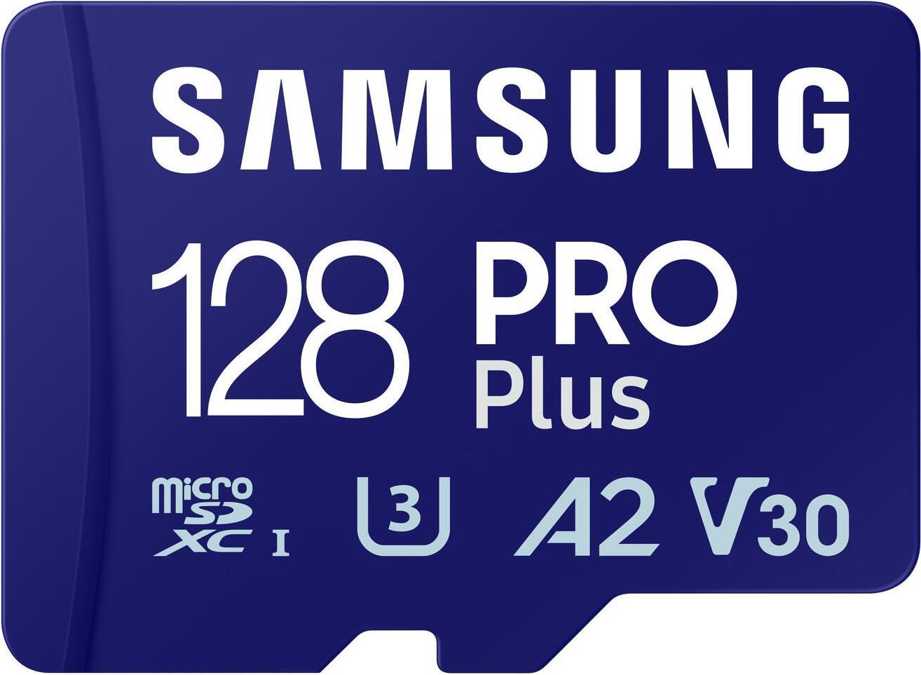 Samsung PRO Plus MB-MD128SA - Flash-Speicherkarte (microSDXC-an-SD-Adapter inbegriffen) - 128 GB - A2 / Video Class V30 / UHS-I U3 - microSDXC UHS-I - Blau von Samsung