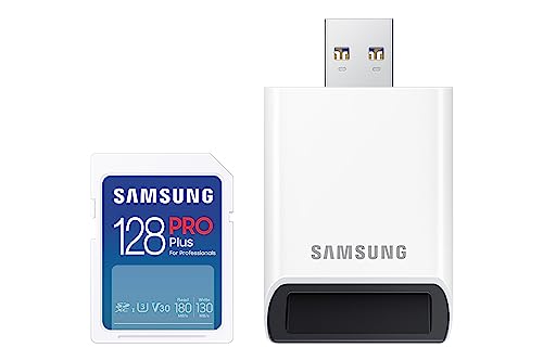 Samsung PRO Plus SD-Karte, 128 GB, UHS-I U3, Full HD & 4K UHD, 180 MB/s Lesen, 130 MB/s Schreiben, Speicherkarte für Kameras und Drohnen, Inkl. USB-Kartenleser, MB-SD128SB/WW von Samsung
