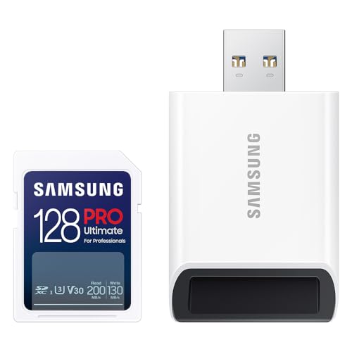 Samsung PRO Ultimate SD-Karte, 128 GB, UHS-I U3, Full HD & 4K UHD, 200 MB/s Lesen, 130 MB/s Schreiben, Speicherkarte für Kamera, PC, Drohne oder Action-Cam, Inkl. USB-Kartenleser, MB-SY128SB/WW Samsung PRO Ultimate SD-Karte, 128 GB, UHS-I U3, Full HD & 4K UHD, 200 MB/s Lesen, 130 MB/s Schreiben, Speicherkarte für Kamera, PC, Drohne oder Action-Cam, Inkl. USB-Kartenleser, MB-SY128SB/WW von Samsung