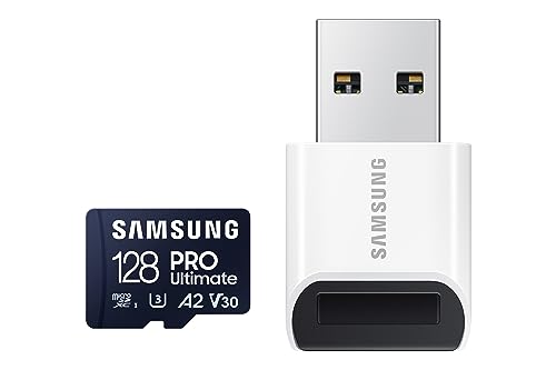 Samsung PRO Ultimate microSD Speicherkarte, 128 GB, UHS-I U3, 200 MB/s Lesen, 130 MB/s Schreiben, Inkl. USB-Kartenleser, Für Smartphone, Drohne oder Action-Cam von Samsung