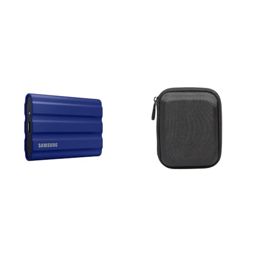 Samsung Portable SSD T7 Shield (MU-PE1T0R/EU), 1 TB, USB 3.2 Gen.2, 1.050 MB/s Lesen, 1.000 MB/s Schreiben, Blau + Amazon Basics Festplattentasche, schwarz von Samsung