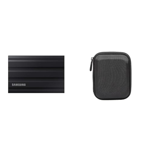 Samsung Portable SSD T7 Shield (MU-PE2T0S/EU), 2 TB, USB 3.2 Gen.2, 1.050 MB/s Lesen, 1.000 MB/s Schreiben, Schwarz + Amazon Basics Festplattentasche, schwarz von Samsung