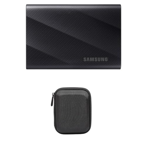 Samsung Portable SSD T9, 1 TB, 2.000 MB/s Lesen, 1.950 MB/s Schreiben, USB 3.2 Gen.2x2, PC, Smartphone und 12K Kameras, MU-PG1T0B/EU + Amazon Basics Festplattentasche, schwarz von Samsung
