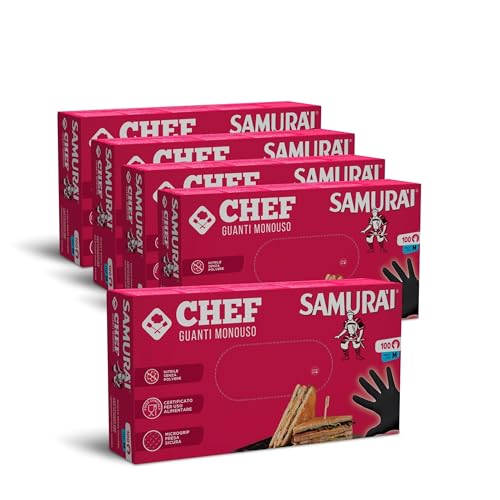 Samurai Chef Einweghandschuhe aus Nitril (100 Stück, Größe M) puderfrei und latexfrei – zertifiziert für den Kontakt mit Lebensmitteln, hervorragende Widerstandsfähigkeit – 5 Packungen (500 Stück) von Samurai