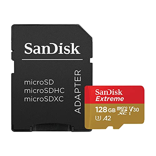 SanDisk Extreme 128 GB microSDXC Memory Card + SD Adapter with A2 App Performance + Rescue Pro Deluxe, Up to 160 MB/s, Class 10, UHS-I, U3, V30 , Red/Gold von SanDisk