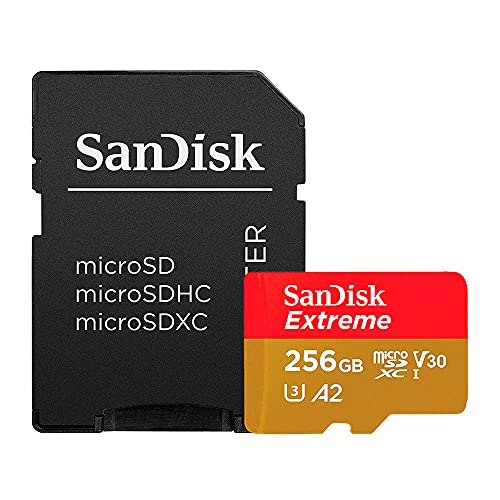 SanDisk Extreme 256 GB microSDXC Memory Card + SD Adapter with A2 App Performance + Rescue Pro Deluxe, Up to 160 MB/s, Class 10, UHS-I, U3, V30, Red/Gold SanDisk Extreme 256 GB microSDXC Memory Card + SD Adapter with A2 App Performance + Rescue Pro Deluxe, Up to 160 MB/s, Class 10, UHS-I, U3, V30, Red/Gold von SanDisk